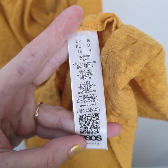 ASOS Yellow Off Shoulder Babydoll Bow Tie Casual Cute Mini Sundress Size 6 - Picture 6 of 9